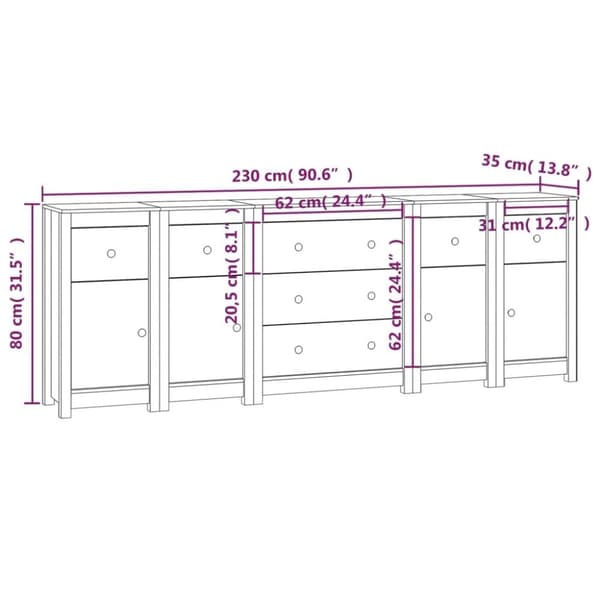 vidaXL skænk 230x35x80 cm massivt fyrretræ hvid