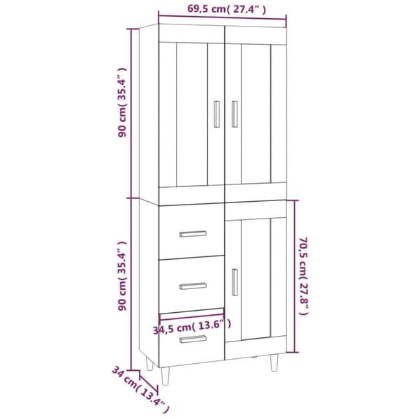 vidaXL Highboard hvit 69,5x34x180 cm konstruert tre
