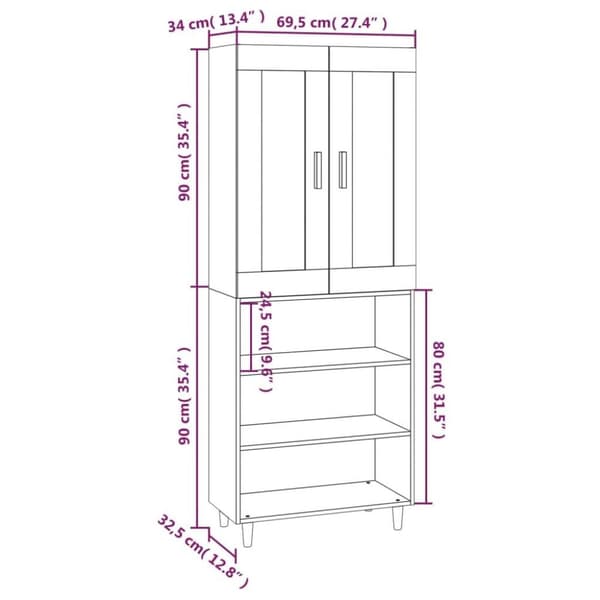 vidaXL Highboard sonoma eik 69,5x34x180 cm konstruert tre