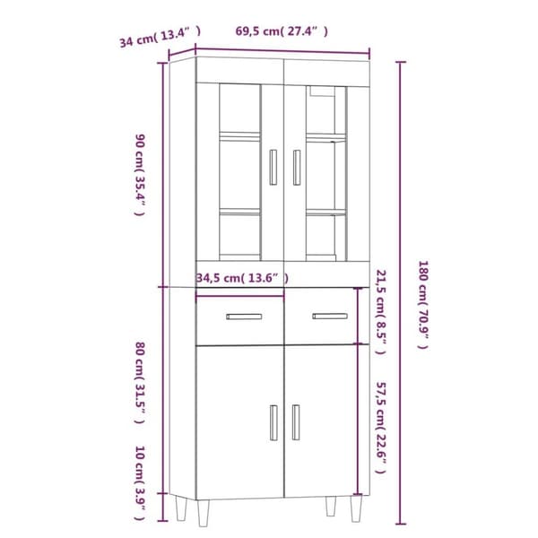 vidaXL højskab 69,5x34x180 cm konstrueret træ hvid