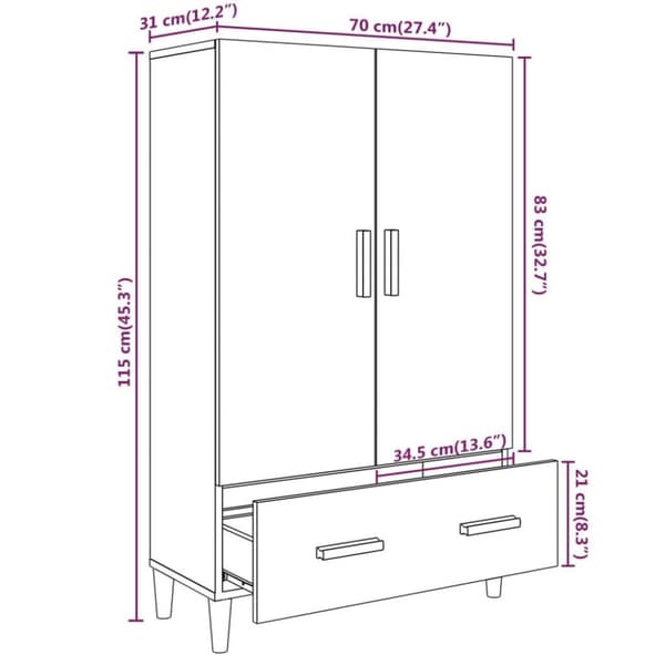 vidaXL Highboard svart 70x31x115 cm konstruert tre