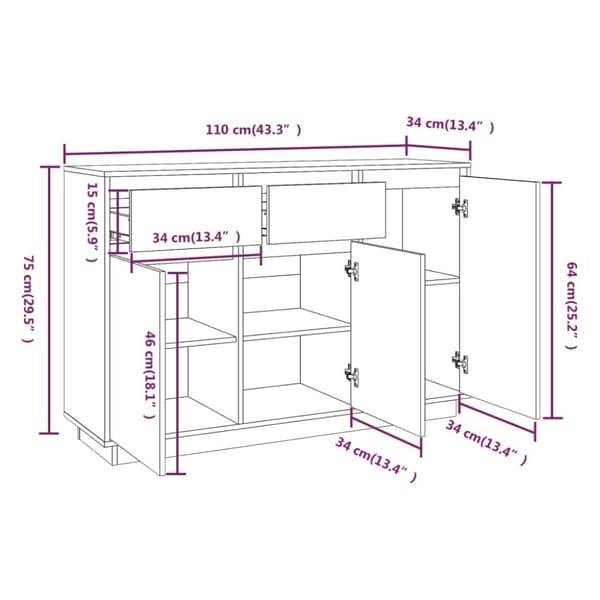 vidaXL Skänk vit 110x34x75 cm massiv furu