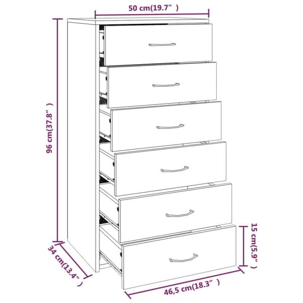 vidaXL Byrå 6 lådor rökfärgad ek 50x34x96 cm konstruerat trä