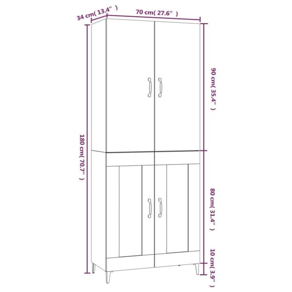 vidaXL Highboard grå sonoma 70x34x180 cm konstruert tre