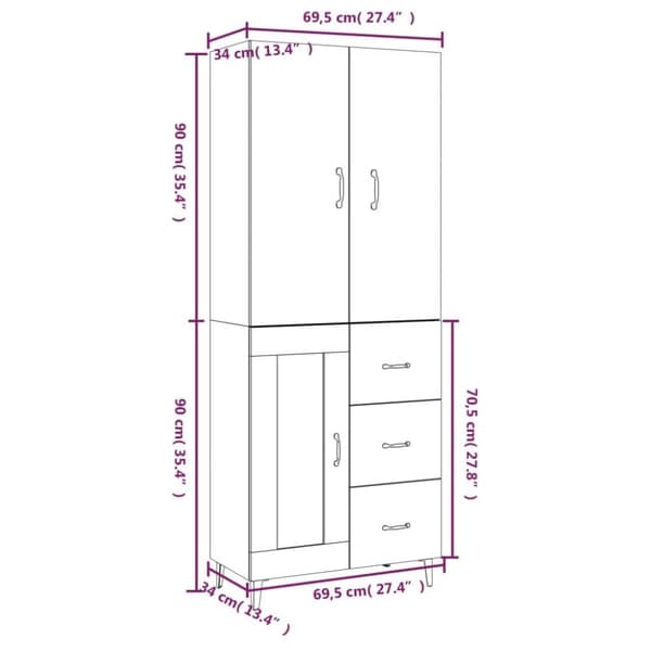 vidaXL Highboard betonggrå 69,5x34x180 cm konstruert tre