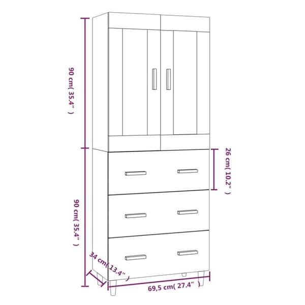 vidaXL Highboard hvit 69,5x34x180 cm konstruert tre