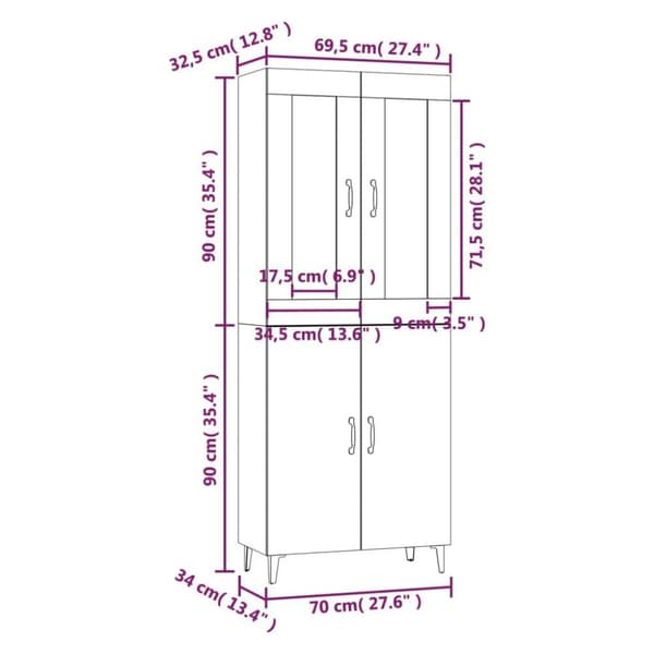 vidaXL Highboard grå sonoma 70x34x180 cm konstruert tre