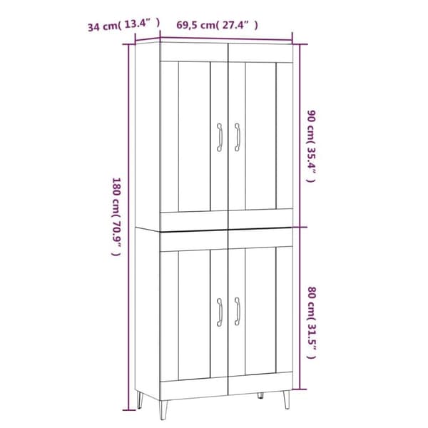 vidaXL Highboard røkt eik 69,5x34x180 cm konstruert tre