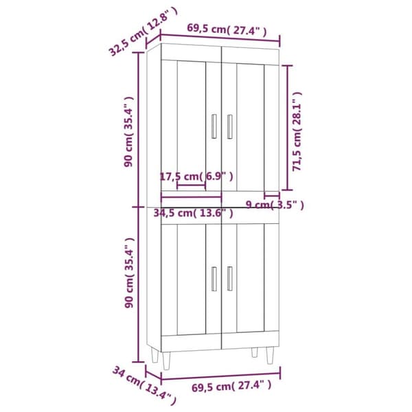 vidaXL Highboard brun eik 69,5x34x180 cm konstruert tre