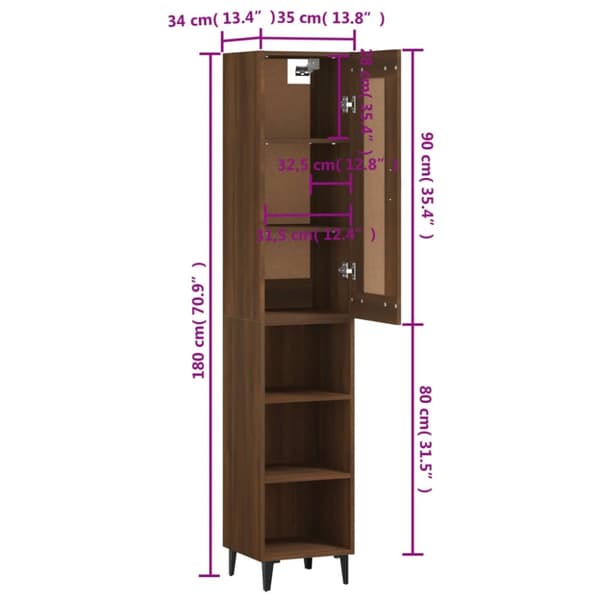 vidaXL Highboard brun eik 35x34x180 cm konstruert tre