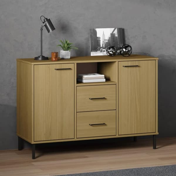 vidaXL skænk med metalben OSLO 113x40x77 cm massivt træ brun