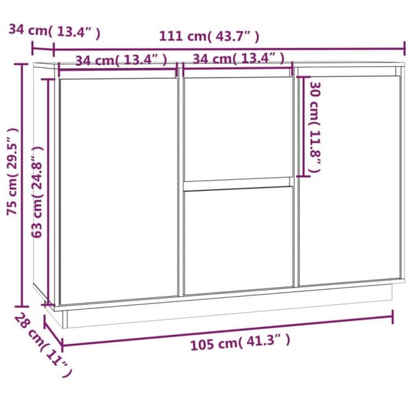 vidaXL skænk 111x34x75 cm massivt fyrretræ hvid