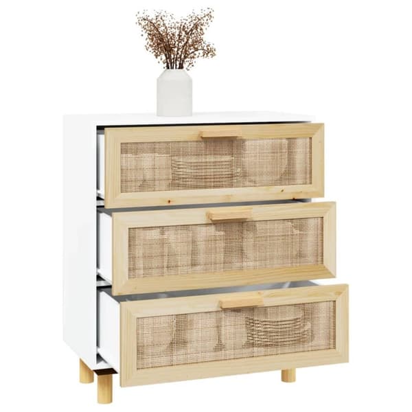 vidaXL Senkki valkoinen 60x30x70 cm täysi mänty ja luonnonrottinki