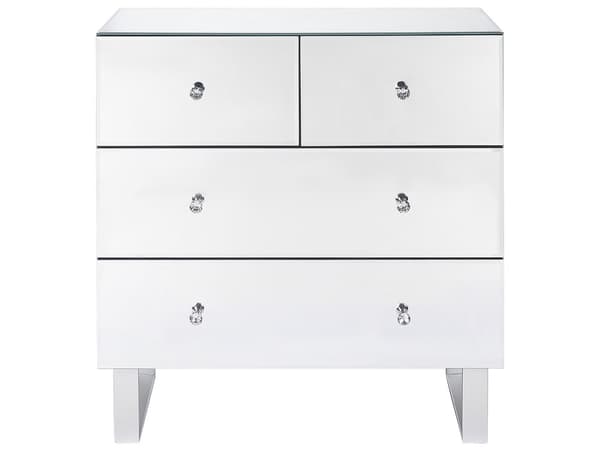Kommode Sølv Glas Spejl 80 x 80 cm Kommodeskuffe med 4 Skuffer Diamant Greb Knopper Chiffonnier til Soveværelse Indretnings Idee