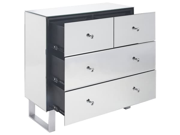 Kommode Sølv Glas Spejl 80 x 80 cm Kommodeskuffe med 4 Skuffer Diamant Greb Knopper Chiffonnier til Soveværelse Indretnings Idee