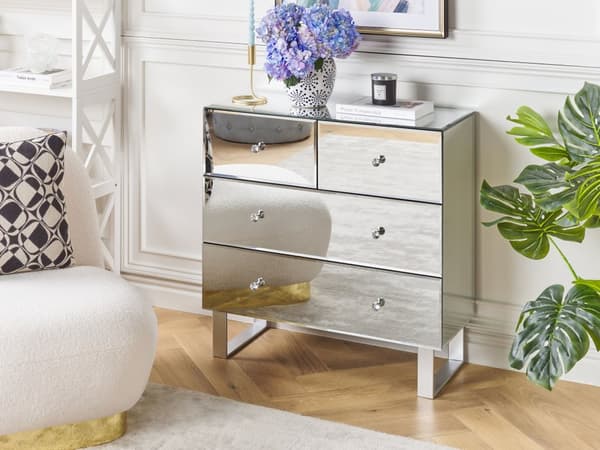 Kommode Sølv Glas Spejl 80 x 80 cm Kommodeskuffe med 4 Skuffer Diamant Greb Knopper Chiffonnier til Soveværelse Indretnings Idee