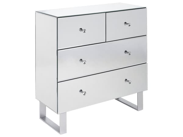 Kommode Sølv Glas Spejl 80 x 80 cm Kommodeskuffe med 4 Skuffer Diamant Greb Knopper Chiffonnier til Soveværelse Indretnings Idee