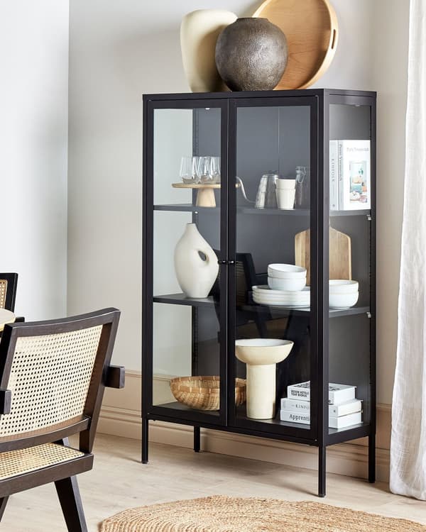 Vitrinskåp Svart Stål 90 x 35 x 150 cm Metall 2 Dörrar i Glas Industriell Design Vardagsrum Matsal Kontor