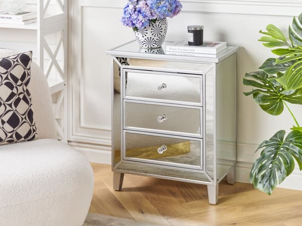 Byrå med 3 lådor Silver Spegelglas Träben Fuskkristall Skänk Glam Design Vardagsrum Sovrum