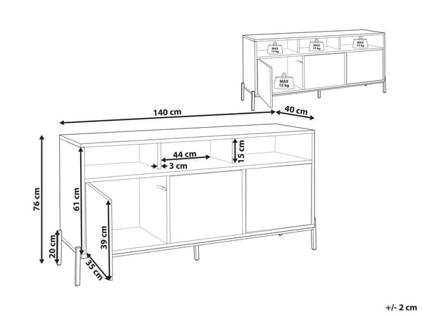 Senkki vaalea puu harmaa 140 x 76 x 40 cm MDF-levy metalli 3 kaappia 3 hyllyä skandinaavinen