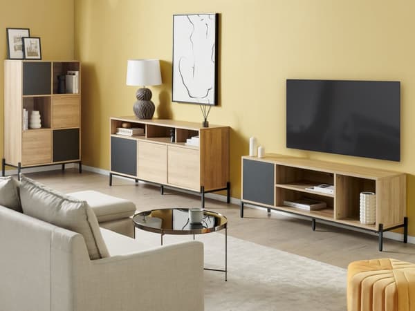 Senkki vaalea puu harmaa 140 x 76 x 40 cm MDF-levy metalli 3 kaappia 3 hyllyä skandinaavinen