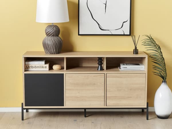 Senkki vaalea puu harmaa 140 x 76 x 40 cm MDF-levy metalli 3 kaappia 3 hyllyä skandinaavinen