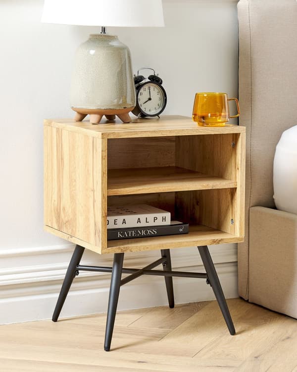 Sängbord Ljust Trä MDF med 2 Öppna Hyllor Minimalistisk Samtida Sovrum