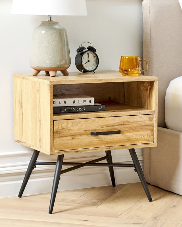 Sängbord Ljust Trä MDF med 2 Hyllor 1 Låda Minimalistisk Samtida Sovrum