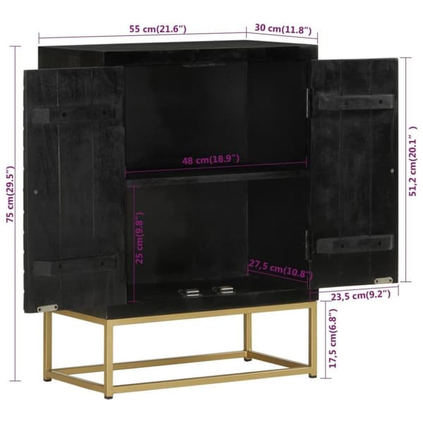 vidaXL Senkki 2 ovella musta ja kulta 55x30x75 cm täysi mangopuu