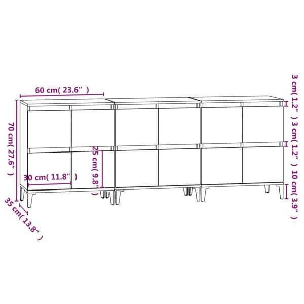 vidaXL Skjenker 3 stk hvit 60x35x70 cm konstruert tre