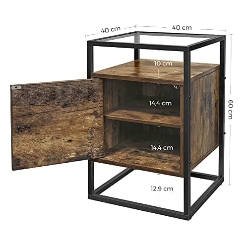 Vasagle nattduksbord, sängskåp, glas sidobord med skåp, rustik brun