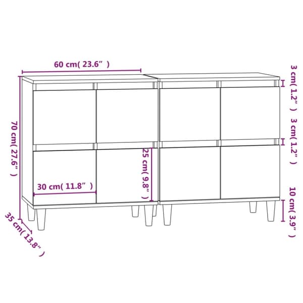 vidaXL Skänk 2 st vit 60x35x70 cm konstruerat trä