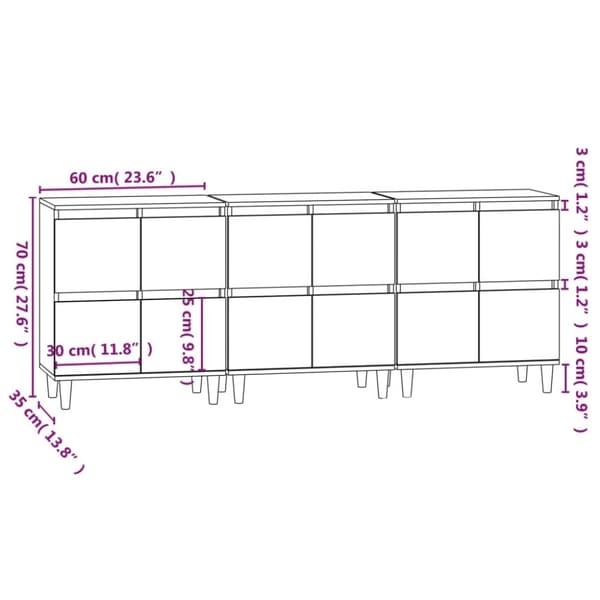 vidaXL skænke 3 stk. 60x35x70 cm konstrueret træ grå sonoma-eg