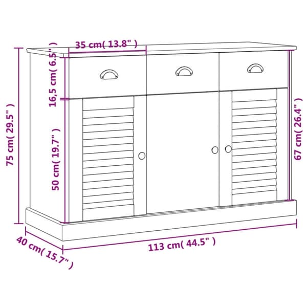 vidaXL Skjenk med skuffer VIGO 113x40x75 cm heltre furu