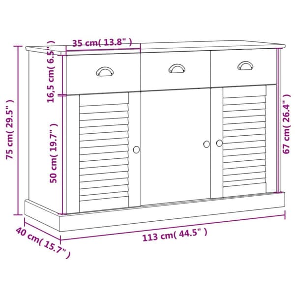vidaXL Skjenk med skuffer VIGO 113x40x75 cm heltre furu