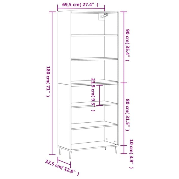 vidaXL Highboard grå sonoma 69,5x32,5x180 cm konstruert tre