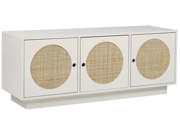 Sivupöytä 3 ovea valkoinen teollinen puu rottinkiovet vetimet boho tyyli