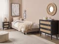 Miniatyrbillede 4 af 10: Kommode sort MDF rattanfronter 3 skuffer ternet skab kommode sorte træben Boho-stil til stuen