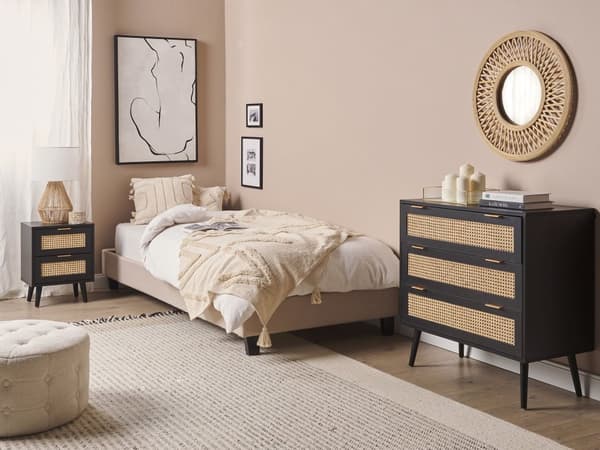 Kommode sort MDF rattanfronter 3 skuffer ternet skab kommode sorte træben Boho-stil til stuen