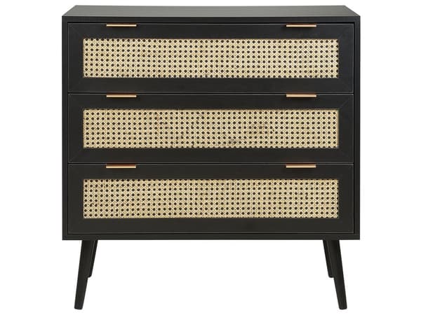 Kommode sort MDF rattanfronter 3 skuffer ternet skab kommode sorte træben Boho-stil til stuen