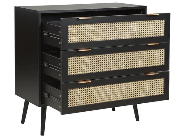 Kommode sort MDF rattanfronter 3 skuffer ternet skab kommode sorte træben Boho-stil til stuen
