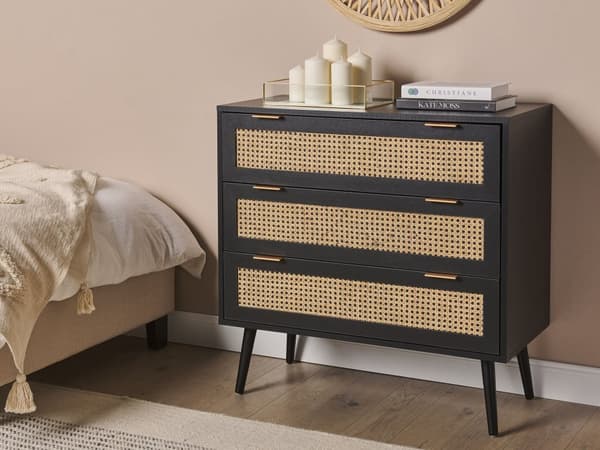 Kommode sort MDF rattanfronter 3 skuffer ternet skab kommode sorte træben Boho-stil til stuen