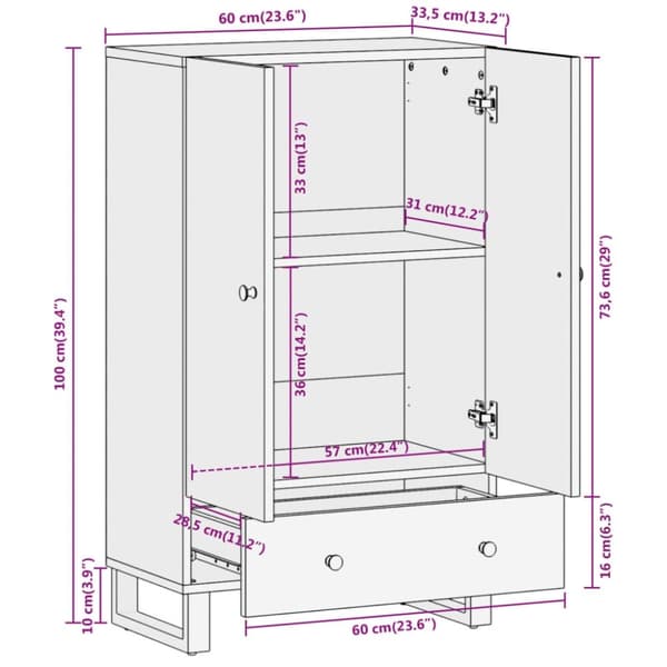 vidaXL skab 60x33,5x100 cm massivt mangotræ brun og sort