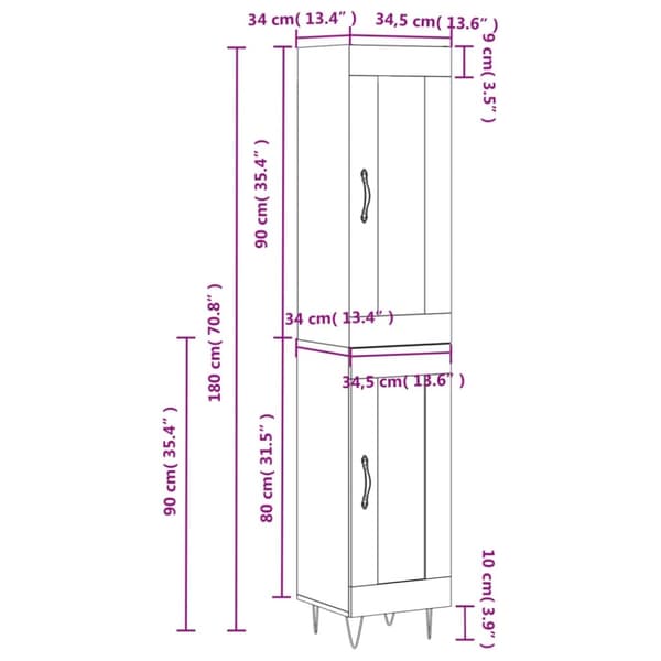 vidaXL Highboard svart 34,5x34x180 cm konstruert tre