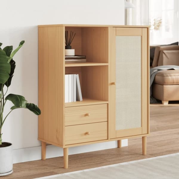 vidaXL skænk SENJA 90x40x112 cm rattan-look massivt fyrretræ brun