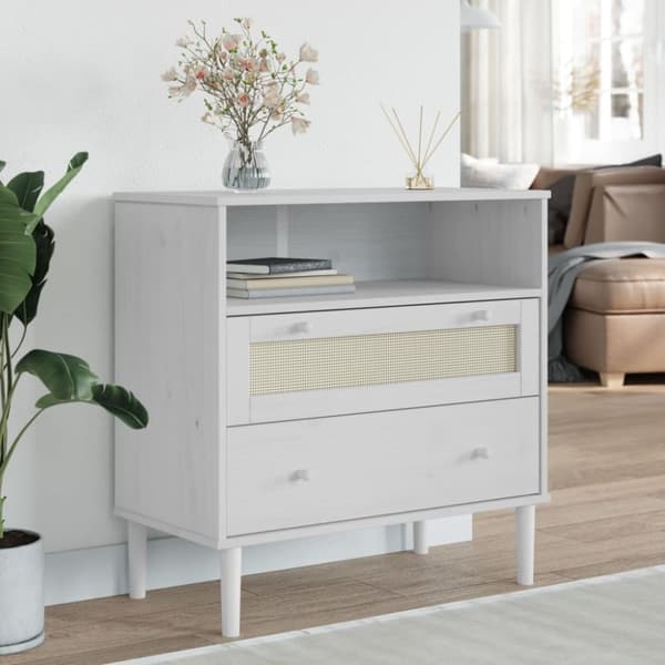 vidaXL skænk SENJA 80x40x80 cm rattan-look massivt fyrretræ hvid