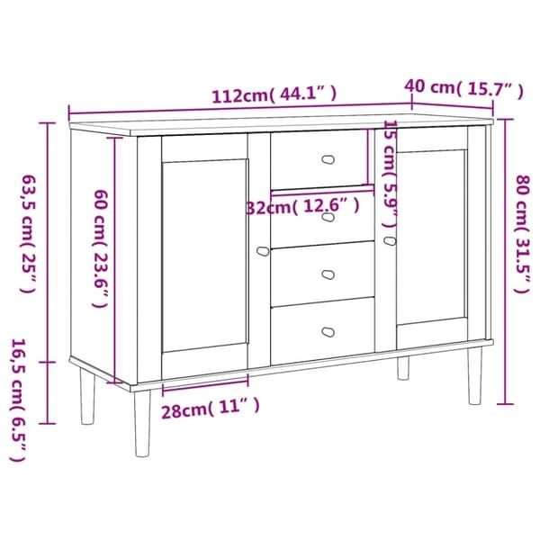 vidaXL Sidobord SENJA rottinglook vit 112x40x80 cm massiv furu