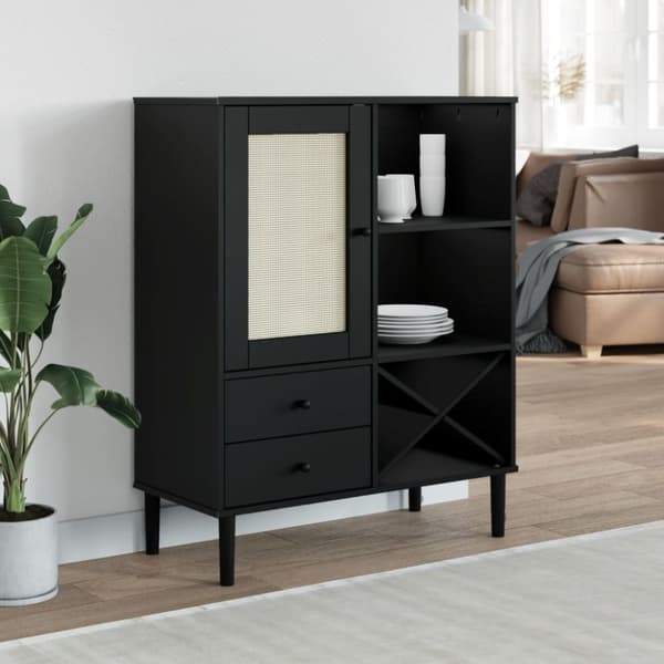 vidaXL skænk SENJA 90x40x112 cm rattan-look massivt fyrretræ sort