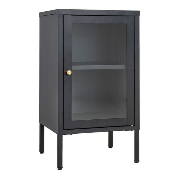 Liten skänk 1 lucka 38x35x70 cm i glas och svart metall