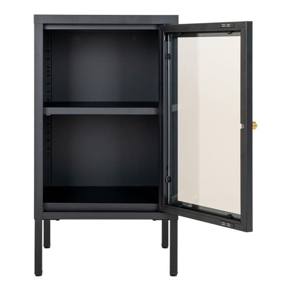 Liten skänk 1 lucka 38x35x70 cm i glas och svart metall